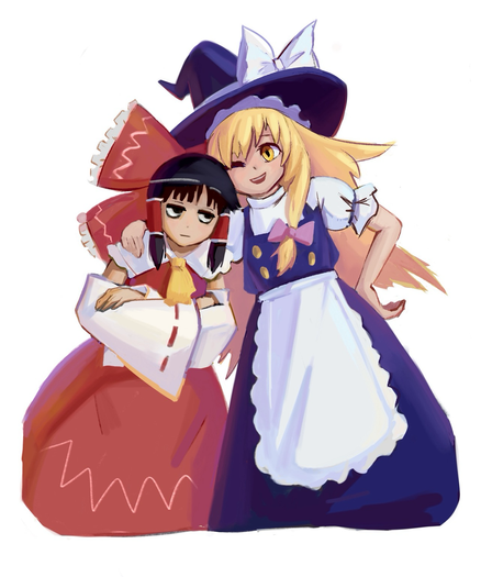 Reimu and Marisa are posing for foto together 