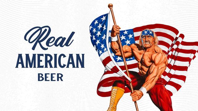 Hulk Hogan has launched "Real American Beer" and the logo is a ripped, snarling Hogan holding a massive American flag. It's cringe AF.