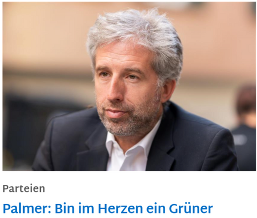 Portrait-Foto von Boris Palmer im schwarzen Anzug mit weißem Hemd, ohne Krawatte.
Bildunterschrift: „Palmer: Bin im Herzen ein Gruner“
