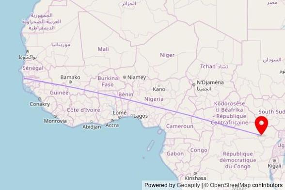 A map showing the great circle route from Old Yundum in Gambia to a map pin at Mamá na bÃsó ya Anzelu wa Mokonzi asangelà ya Tely, Boulevard Mobutu, Isiro, Democratic Republic of the Congo