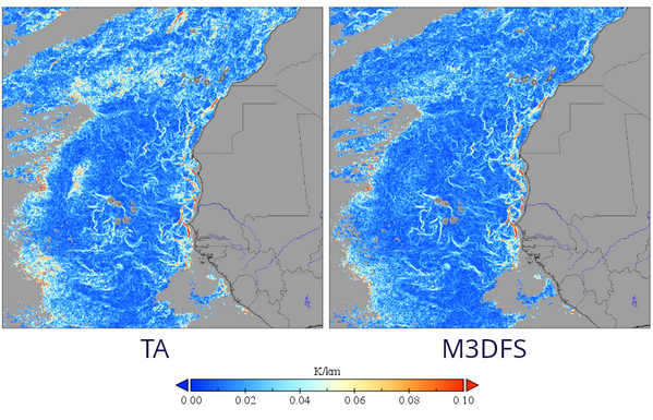 Daily Sea Surface Temperature gradient magnitudes for February 27th, 2007 over the Northwestern coast of Africa | TA: derived from time-averaged | M3DFS derived from Multidimensional Dynamics Data Fusion.