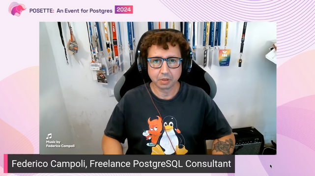 Screenshot of Federico Campoli's talk at POSETTE: An Event for Postgres 2024