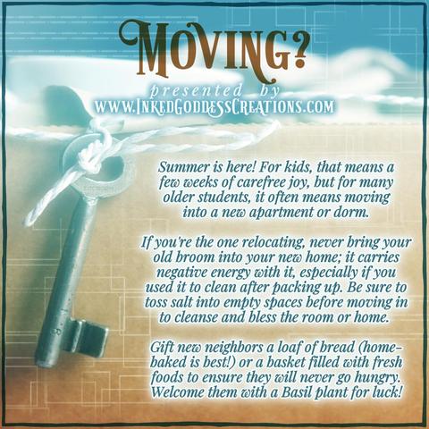 An old-fashioned silver key is hanging from a cardboard box with twine. The view is zoomed in and the key takes up the left third of the photo. The text gives some ways to cleanse, protect, and bless, whether moving in, moving out, or welcoming a new neighbor. Presented by Inked Goddess Creations.