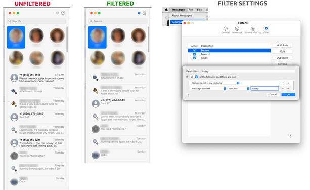 Demonstrates a mechanism for filtering messages in the iOS messages app by keyword
