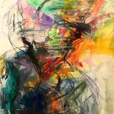 This abstract painting is a vibrant explosion of colors and chaotic lines, suggesting the energy and movement of a baseball game. The canvas is filled with swirling strokes of green, purple, red, orange, and yellow, creating a sense of dynamic motion. The forms are indistinct, but there is a suggestion of figures in action, with bold black lines and colorful splashes hinting at the presence of players. The overall composition is lively and intense, capturing the spirited atmosphere of the sport.