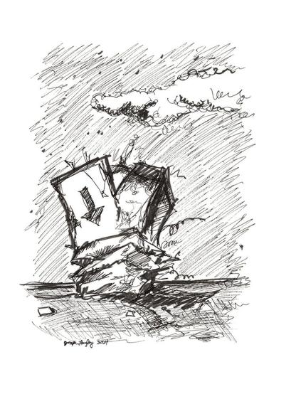 This is a drawing or illustration in black ink of a box sitting outside. The box is split open at the top and smashed on the bottom, but from the giant arrow pointing down we assume it's upside down. A cloud hangs in the sky. A few pieces of unidentifiable debris sit on the ground near the box. A few spring-like objects poke out.