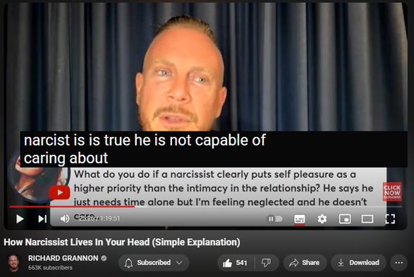 https://www.youtube.com/watch?v=ft7qadu6zCo
How Narcissist Lives In Your Head (Simple Explanation)

 views  
Streamed live 11 hours ago
📖 Purchase "A Cult of One": https://www.amazon.com/Cult-One-Depro...

🔴 New Course: Unplug From The Matrix Of Narcissism 
https://www.richardgrannon.com/unplug...