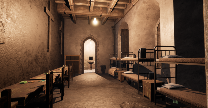 A room filled with 3 double bunk beds and six tables. Several large crosses are across the wall and a dirty bathroom sink can be seen in the next room. It is a sad and confined space.