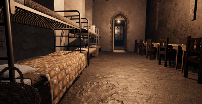 A room filled with 3 double bunk beds and six tables. Several large crosses are across the wall and a dirty bathroom sink can be seen in the next room. It is a sad and confined space.