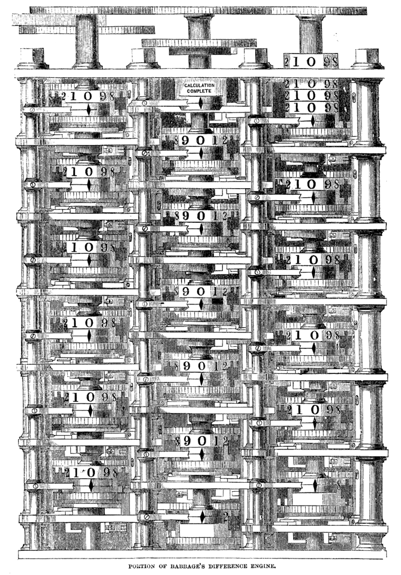 Portion of Babbage's difference engine.
Benjamin Herschel Babbage, printed in Harper's new monthly magazine - Harper's new monthly magazine. / Volume 30, Issue 175, p.34