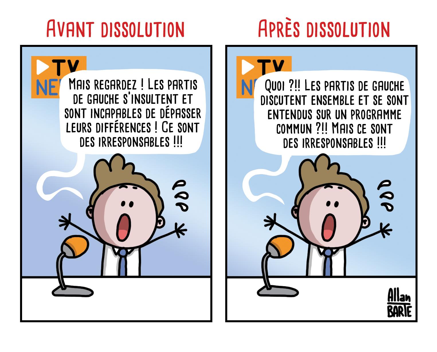 Deux dessins identiques :
Un éditorialiste de TVNews crie, horrifié, dans un micro :

Avant dissolution
- Mais regardez ! Les partis de gauche s’insultent et sont incapables de dépasser leurs différences !
Ce sont des irresponsables !!!

Après dissolution
- Quoi ?!! Les partis de gauche discutent ensemble et se sont entendus sur un programme commun ?!!
Mais ce sont des irresponsables !!! 