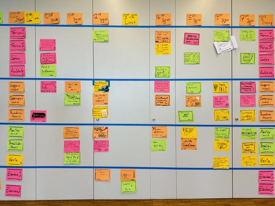 Session grid on the wall with a lot of colorful sticky notes