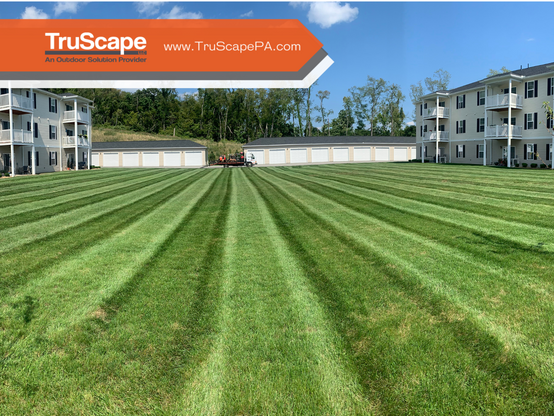 "Two photos showing the transformation of a commercial property lawn. The first displays a lush green lawn with striped patterns and residential buildings in the background. The second shows a TruScape worker using a fertilizer spreader on the same property, highlighting the improved grass condition. Both images feature a translucent orange overlay at the top with the TruScape logo, website www.TruScapePA.com, and the tagline 'An Outdoor Solution Provider.'"