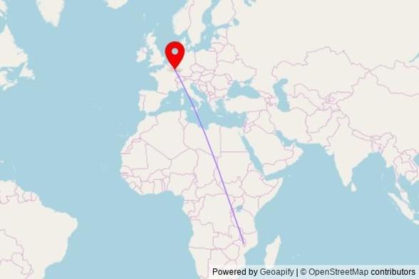 A map showing the great circle route from Limbe in Malawi to a map pin at Notre-Dame des Mineurs, CFL6, 3638 Kayl, Luxembourg