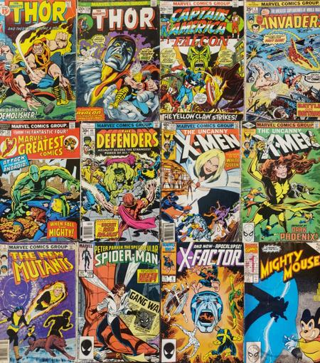 A composite image of 12 Marvel Comics Group comic-books from 1971-1990, with original cover prices ranging from 15¢ to $1.

The Mighty Thor 192, "And there shall come a day... The Day of the Demolisher!"

The Mighty Thor 220, "The sinister secret of Avalon – Keeper of the Inner Cosmos!" Avalon speaks: For my universe to live — the God of Thunder must DIE!

Captain America and the Falcon 165, "The Yellow Claw Strikes!"
Yellow Claw says: Do your worst, Avenger! Lash out in futile fury at my lethal Spider Legions!
Cap replies: And I'll keep fighting them — till I die!

All-New, the Greatest Superheroes of World War Two! Another frankly fabulous first issue!The Invaders № 1, "Battle Over Britain!" Sub-Mariner, Captain America, & the original Human Torch.
Cap says: Okay, Axis! Here we come!!

Marvel's Greatest Comics 53, "Attack of the Awesome Android! When Fall the Mighty," starring the Fantastic Four!

The Defenders № 44, "Helpless before the strangest power of all! Revealed this issue: The Secret of the Red Rajah!"

The Uncanny X-Men 131, "Prisoners of the White Queen!"

The Uncanny X-Men 135, "Defeated by Dark Phoenix!"

The New Mutants № 1.

Peter Parker, the Spectacular Spider-Man 105, guest starting the wondrous Wasp! Newspaper headline: "GANG WAR – is Spider-Man involved?"

X-Factor 6, "And Now — Apocalypse!"

Mighty Mouse № 1, "A rodent fur the 90's! Watch Mighty Mouse and Friends on TV!"