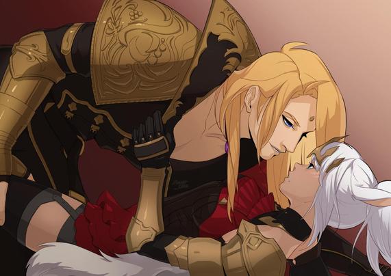 Digital artwork of FFXIV's Zenos viator Galvus grabbing and leaning over a female white-haired miqo'te who is in turn grabbing Zenos by the collar.