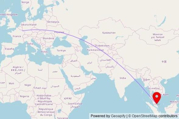 A map showing the great circle route from Kayl in Luxembourg to a map pin at Masjid Sultan Ahmad Shah, Jalan Masjid, 25000 Kuantan, Pahang, Malaysia