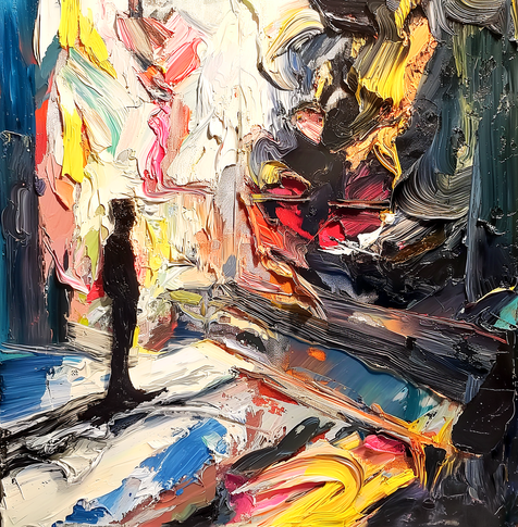 This impasto painting showcases a silhouette of a baseball player standing amidst a vibrant, textured landscape. The canvas is filled with thick, expressive strokes of paint in a riot of colors—yellows, reds, blues, and blacks—creating a highly dynamic and tactile surface. The heavy application of paint and swirling patterns give the piece a sense of depth and movement, as if the player is enveloped in the energy and chaos of the moment. The use of light and shadow highlights the figure, making it stand out against the colorful, abstract background.