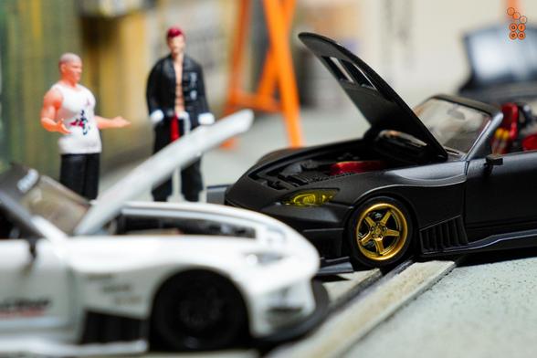 Honda S2000 J’S RACING Metallic White and Race Car, Voltex Time Attack Matte Black by Micro Turbo in 1:64 scale with 1:64 figure on AREA 164