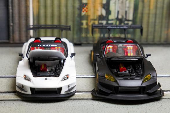 Honda S2000 J’S RACING Metallic White and Race Car, Voltex Time Attack Matte Black by Micro Turbo in 1:64 scale with 1:64 figure on AREA 164