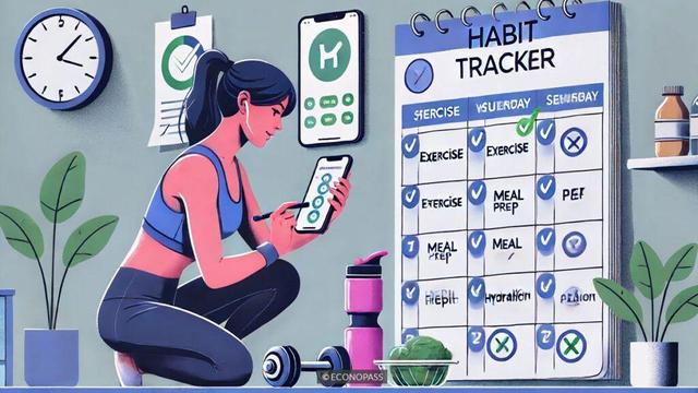 A-person-checking-off-habits-like-exercise,-meal-prep,-and-hydration-on-a-wall-calendar-or-habit-tracker-app,-looking-determined-and-disciplined