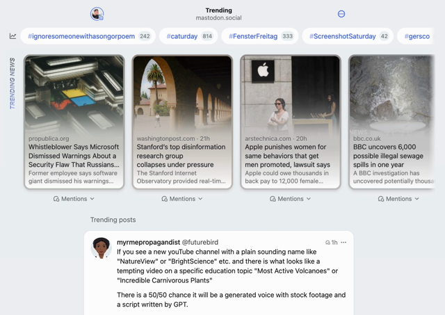 Demo of Trending page, showing trending news links at the top as cards in a carousel UI. Below each card is a "Mentions" button, when clicked, will show all the public posts mentioning the link.