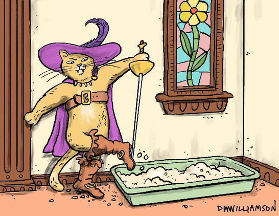 Puss in Boots scrapes his boots after using the litterbox