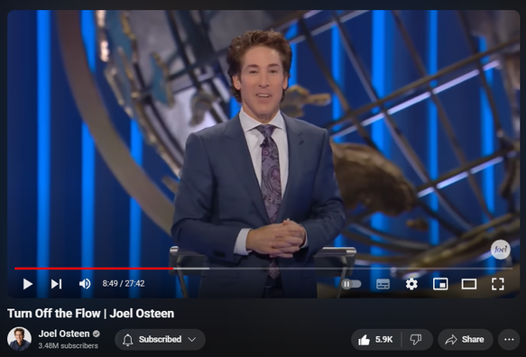 https://www.youtube.com/watch?v=7E1PH6eUw9k
Turn Off the Flow | Joel Osteen

130,184 views  10 Jun 2024  LAKEWOOD CHURCH
Use your words to speak life into people. The mercy you show others is the mercy that’s going to be shown to you. 

🛎 Subscribe to receive weekly messages of hope, encouragement, and inspiration from Joel! https://bit.ly/JoelYTSub

Follow #JoelOsteen on social 
Twitter: https://Bit.ly/JoelOTW 
Instagram: https://BIt.ly/JoelIG 
Facebook: https://Bit.ly/JoelOFB