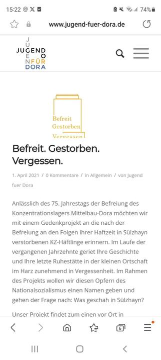 Screenshot der Website zur Gedenkinitiative "Befreit. Gestorben. Vergessen" des Vereins Jugend für Dora e.V.