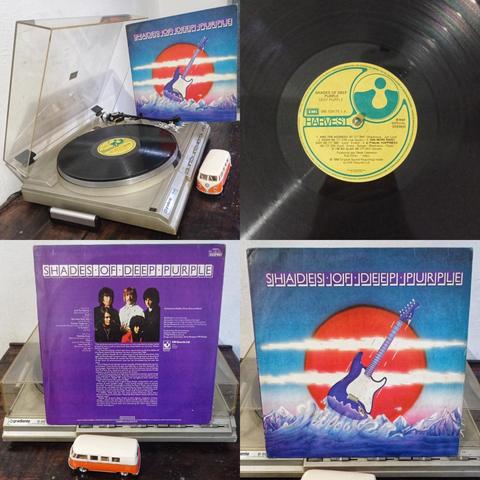 Montagem de fotos com vinil no toca discos de fundo na foto capa do vinil, selo do vinil, contra capa do vinil e capa do vinil.