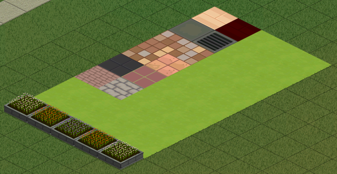 The Sims 1: Isometric view with different Sims Social floors; wood, tiles and light-green grass. Logo 'RetroSimsMods' on lower right of screen.