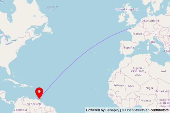 A map showing the great circle route from St. Clement in Jersey to a map pin at Saint Joseph Roman Catholic Church, Abercromby Street, Saint Joseph, La Mango, 310407, Trinidad and Tobago