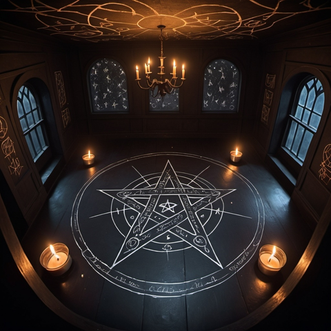 a dark room with a pentagram chalked on the floor, candles around