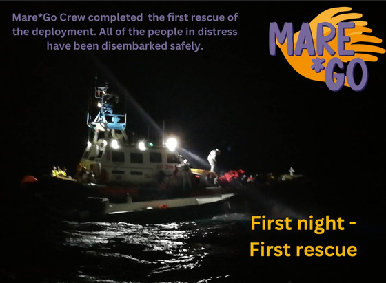 Hintergrund: Dunkle Nacht auf dem Meer. Eine CP der Guardia Costiera; das Licht ihrer Scheinwerfer spiegelt sich im schwarzen Wasser. Dahinter ist schemnhaft ein kleines Boot mit Menschen zu erkennen.
Links oben:
Mare*Go Crew completed the first rescue of the deployement. All of the people in distress have been disembarked safely.
Oben rechts:
Das Mare*Go Logo
Unten rechts:
First night - first rescue