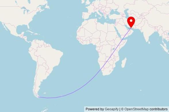 A map showing the great circle route from Ushuaia in Argentina to a map pin at مسجد, Khasab Road, 811, Khasab, Musandam Governorate, Oman