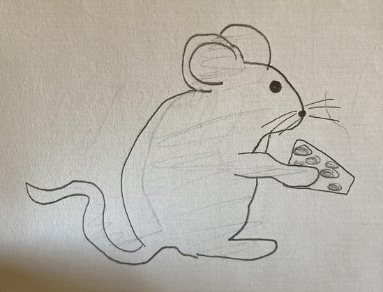A drawing of a mouse or rat holding a piece of pizza. Drawn by me at 8 years old in 1992.