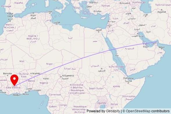 A map showing the great circle route from Khasab in Oman to a map pin at Association des Églises Baptistes Évangéliques de Côte d'Ivoire, A3, Katiola, Côte d'Ivoire