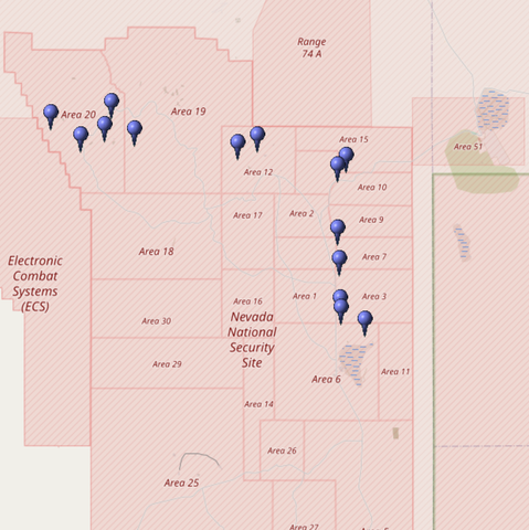 Kartierung aller Koordinaten von "Operation Musketeer (Atomtest)" im Testgebiet Nevada (Nevada National Security Site, NNSS)
Quelle: OpenStreetMap
Lizenz: Open Data Commons Open Database-Lizenz (ODbL)