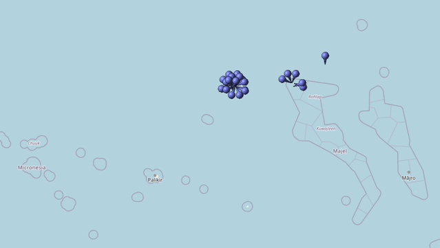 Kartierung aller Koordinaten von "Operation Hardtack I" (Atomtest) im Testgebiet Pacific Proving Grounds (Marshallinseln)
Quelle: OpenStreetMap
Lizenz: Open Data Commons Open Database-Lizenz (ODbL)