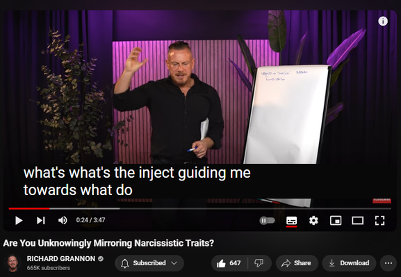 https://www.youtube.com/watch?v=6dRU_3l0MnU
Are You Unknowingly Mirroring Narcissistic Traits?

8,646 views  Premiered on 14 Jun 2024
Get the NEW course on Narcissistic Matrix: Reintegration here https://members.richardgrannon.com/na...