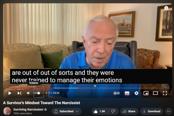 https://www.youtube.com/watch?v=ZYXPEuzsefM
A Survivor's Mindset Toward The Narcissist

19,397 views  Premiered on 6 Jun 2024
After prolonged exposure to a narcissist, you can't help but carry emotional scars.  But Dr. Les Carter explains that it is possible to develop a survivor's mindset as you gain keen insights about the narcissist's behaviors.  This allows you to apply a "mind over emotion" approach to your future.

To read more on this topic, go to https://survivingnarcissism.tv/a-surv....

If you are interested in online therapy, Dr. Carter has a sponsor who can assist.  Go to our sponsor https://betterhelp.com/drcarter for 10% off your first month of therapy with BetterHelp and get matched with a therapist who will listen and help.

📣 Dr. Carter's new course, Anger Games, is live! 📣
Learn more about the course and register at: https://courses.survivingnarcissism.t...

Dr. Les Carter is a best selling author and therapist who has semi-retired to Waco, TX. For 40+ years he maintained a counseling practice in Dallas, conducting more than 65,000 therapy sessions and many workshops and seminars.  He specializes in anger management and narcissistic personality disorder.  Since creating his YouTube channel, his videos have received more than 115 million views.

Join the Team Healthy community HERE: https://survivingnarcissism.tv/subscr... 
Check out videos, articles, quizzes, and more at our website:  https://survivingnarcissism.tv