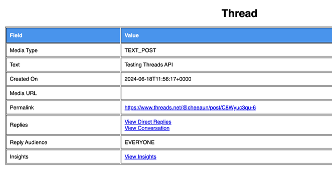 A screenshot of a table showing details of a thread. Various fields include Media Type (TEXT_POST), Text (Testing Threads API), Created On (2024-06-18T11:56:17+00:00), Permalink (URL), and options to view replies, conversation, and insights.