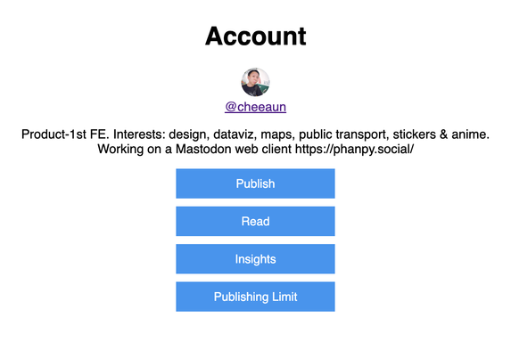 Screenshot of a social media account. It includes a profile picture, username (@cheeaun), user bio mentioning interests and work on a Mastodon web client, and four buttons labeled "Publish," "Read," "Insights," and "Publishing Limit."