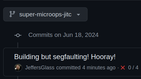 A screenshot of a GitHub commit, with the commit message "Building but segfaulting. Hooray!"