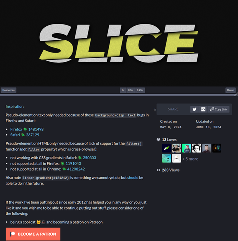 Screenshot of the details page on CodePen with all the relevant links.