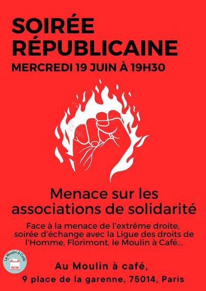 Invitation à débattre sur la menace que représente le RN pour les associations au moulin à café (métro pernety) le 19 juin à 19h30.