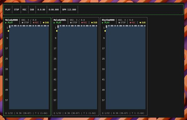 Three vertical 64-step sequencers under a transport controller toolbar.in a terminal that is a little too big for its contents.
