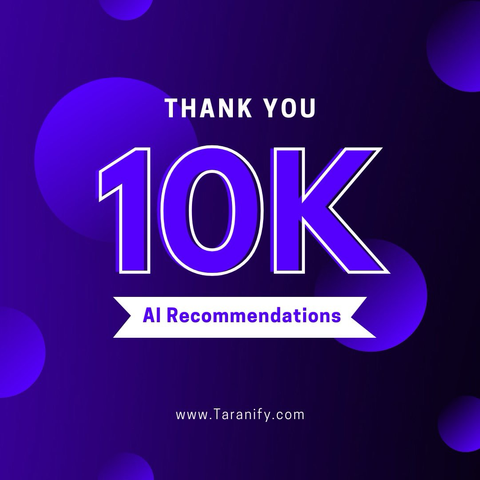 Taranify has reached 10,000 AI recommendations!  Thank you for trusting us to enhance your Spotify, Netflix, Movie, Book, and Food experiences. 🌟