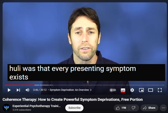 5,928 views  11 Feb 2021
Purchase entire training here ($24): https://institute.experiential-psycho...

Find more trainings on experiential forms of psychotherapy here: www.experiential-psychotherapies.com

Coherence Therapy was developed by Bruce Ecker, LMFT and Laurel Hulley, MA.  The official website of Coherence Therapy is that of the Coherence Psychology Institute: www.coherencetherapy.com

Coherence Therapy is a unified set of methods and concepts for individual, couple and family work that enable a therapist to foster profound change with a high level of consistency.
 From the first session, the work is focused on guiding clients to get in touch with hidden, core areas of meaning and feeling that are generating the presenting symptom or problem. Coherence Therapy makes use of native capacities for swiftly retrieving and then transforming the client's unconscious, symptom-requiring emotional schemas, which were formed adaptively earlier in life.
A wide range of symptoms can be dispelled … along with their associated, less visible emotional wounds, attachment patterns and troubled “parts". The process is experiential and the therapist's empathic attunement is a crucial ingredient.