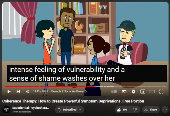 https://www.youtube.com/watch?v=Wlw7NaVV7sM
Coherence Therapy: How to Create Powerful Symptom Deprivations, Free Portion

5,928 views  11 Feb 2021
Purchase entire training here ($24): https://institute.experiential-psycho...

Find more trainings on experiential forms of psychotherapy here: www.experiential-psychotherapies.com

Coherence Therapy was developed by Bruce Ecker, LMFT and Laurel Hulley, MA.  The official website of Coherence Therapy is that of the Coherence Psychology Institute: www.coherencetherapy.com

Coherence Therapy is a unified set of methods and concepts for individual, couple and family work that enable a therapist to foster profound change with a high level of consistency.
 From the first session, the work is focused on guiding clients to get in touch with hidden, core areas of meaning and feeling that are generating the presenting symptom or problem. Coherence Therapy makes use of native capacities for swiftly retrieving and then transforming the client's unconscious, symptom-requiring emotional schemas, which were formed adaptively earlier in life.
A wide range of symptoms can be dispelled … along with their associated, less visible emotional wounds, attachment patterns and troubled “parts". The process is experiential and the therapist's empathic attunement is a crucial ingredient.